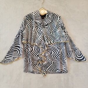 Trippy 90s/Y2K Optical Illusion Ruffle Blouse Sheer Small Zebra‎ Sequins